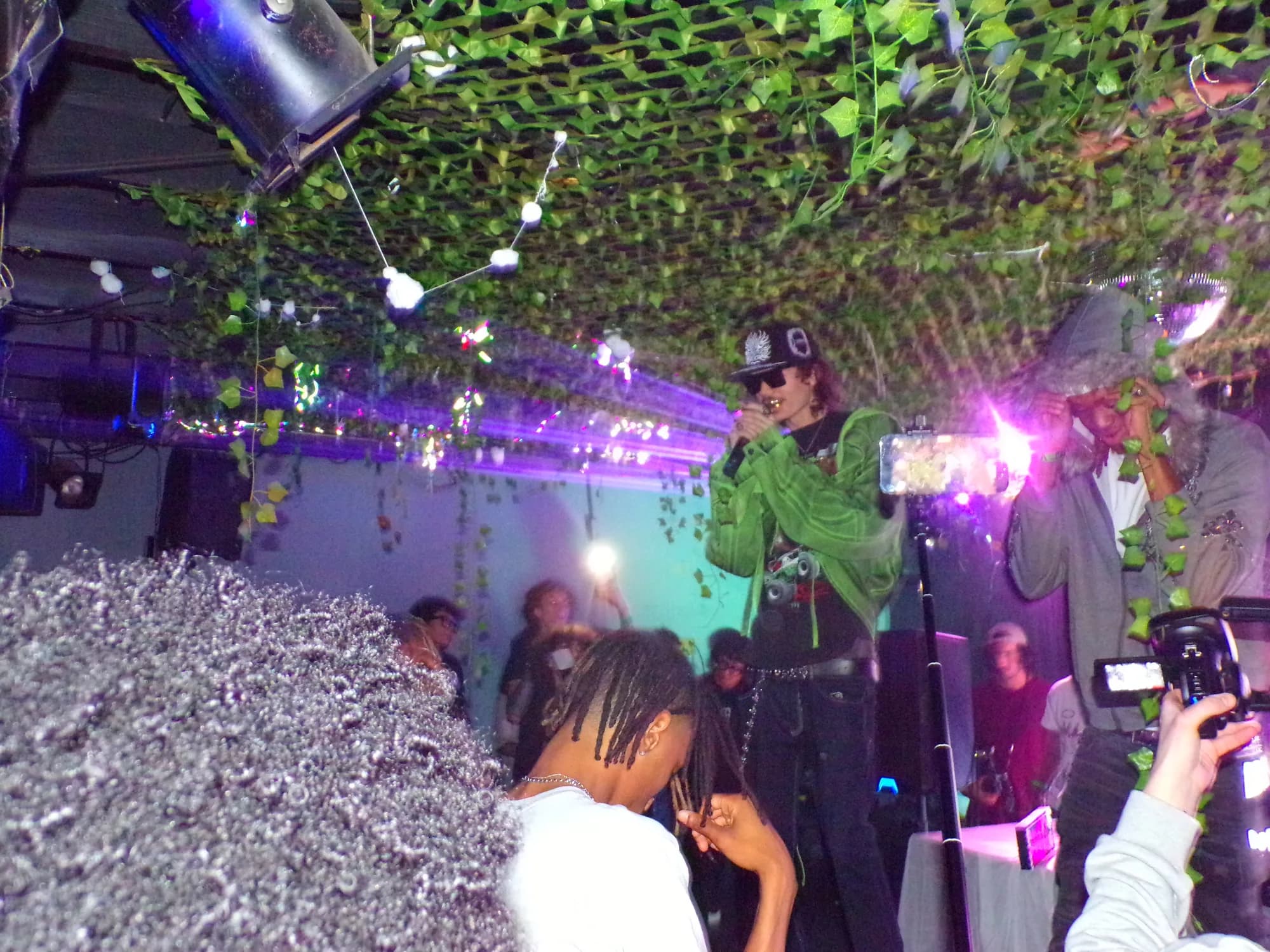 Performing on a small stage strung with vines, lit in purple, with a crowd below